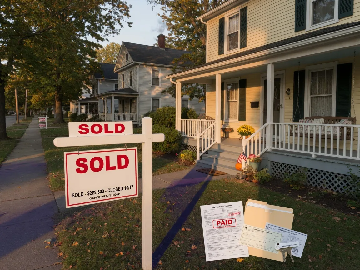 SOLD real estate sign in front of a charming Kentucky home at golden hour