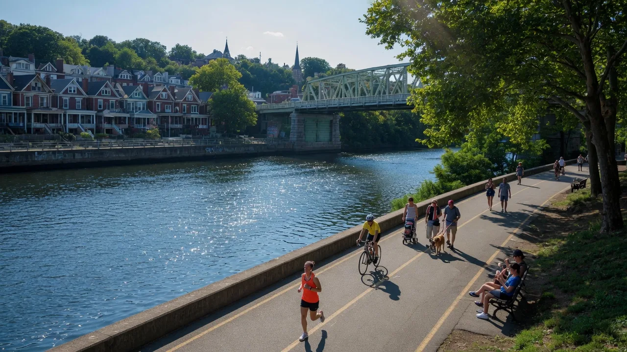 East Falls River Walk along the Schuylkill River with runners and cyclists