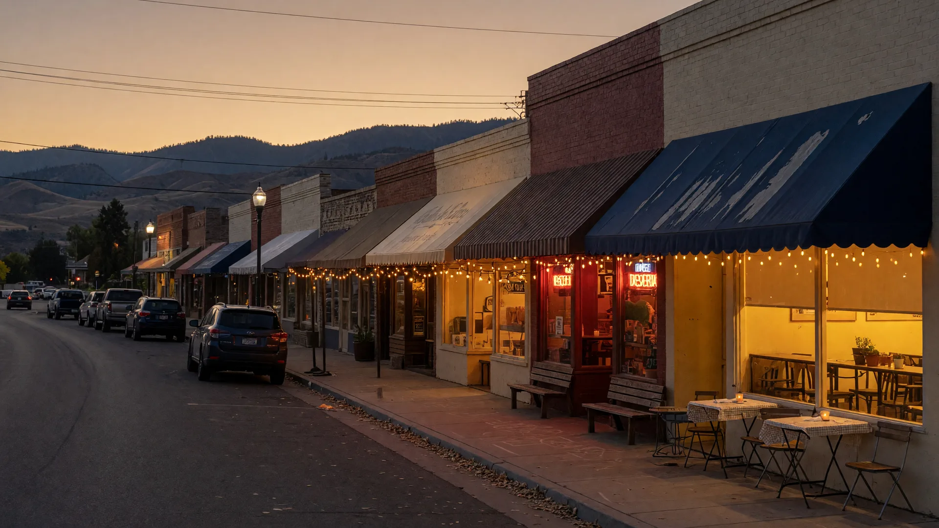 A small-town Idaho main street at dusk with warm restaurant lights and the foothills beyond