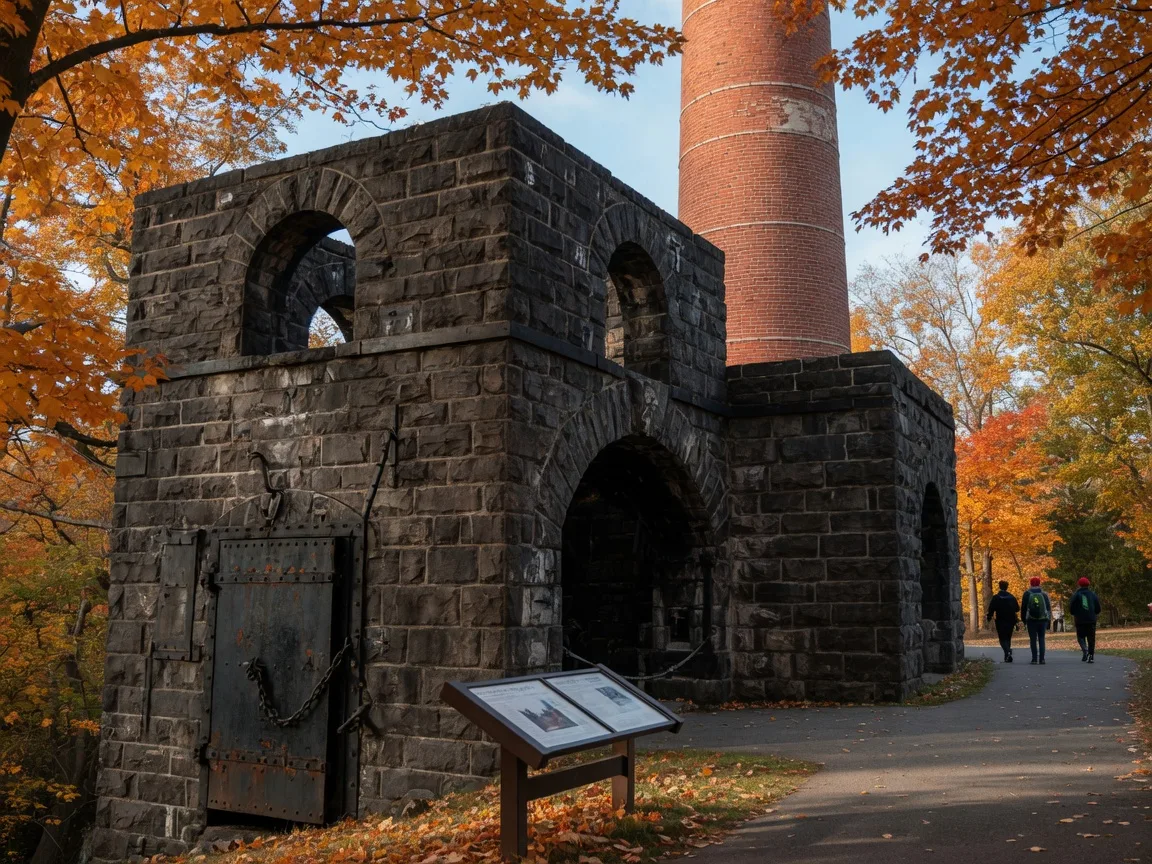 Close view of the massive stone blast furnace at Lock Ridge Park with arched openings, a red-brick smokestack, and a walkway where visitors stroll past