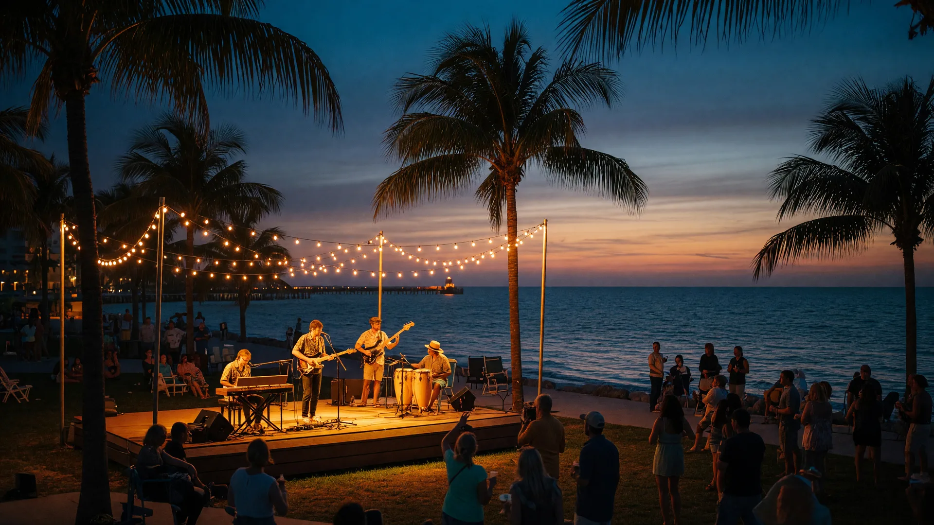 A live band performing on a string-lit outdoor stage at a waterfront amphitheater in Southwest Florida at dusk, with palm trees silhouetted against a deep blue and amber sky