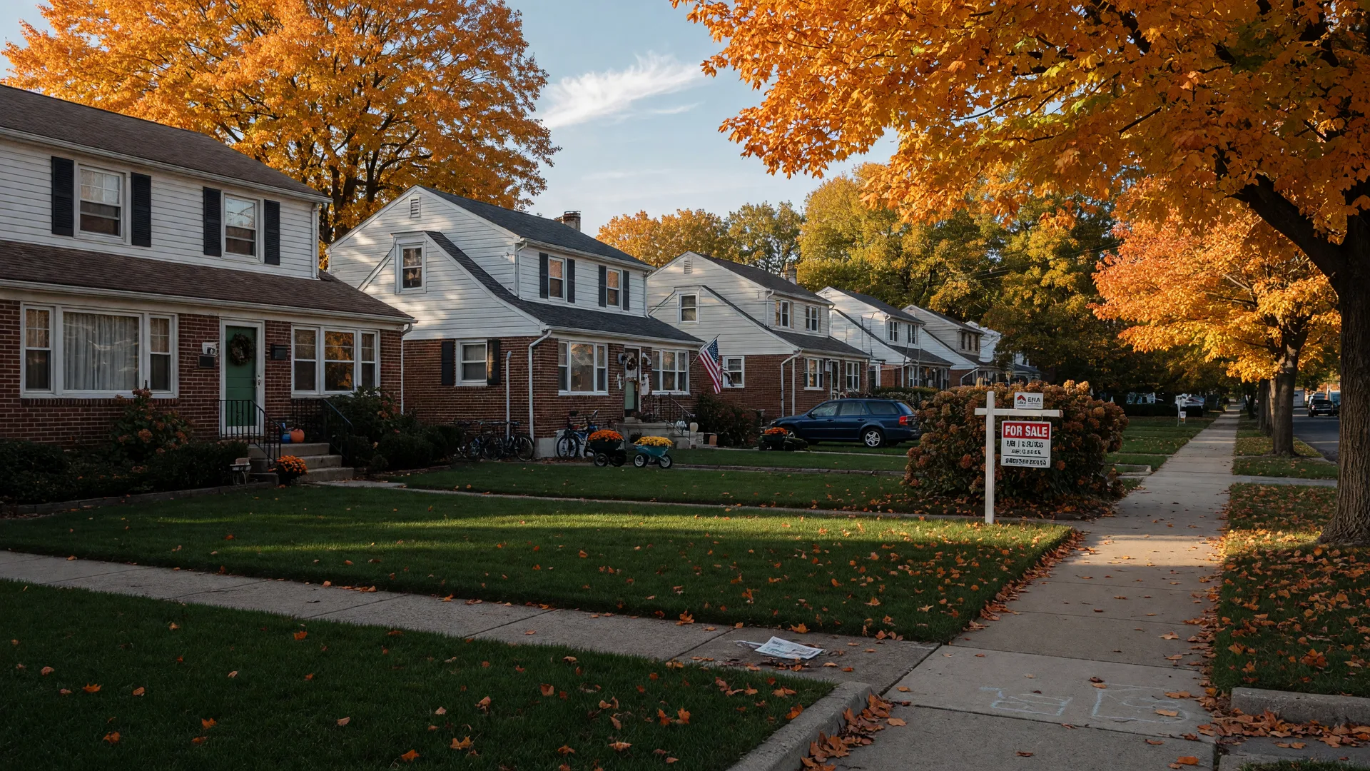 Tree-lined residential street in Cinnaminson New Jersey with autumn leaves and a For Sale sign in early October light