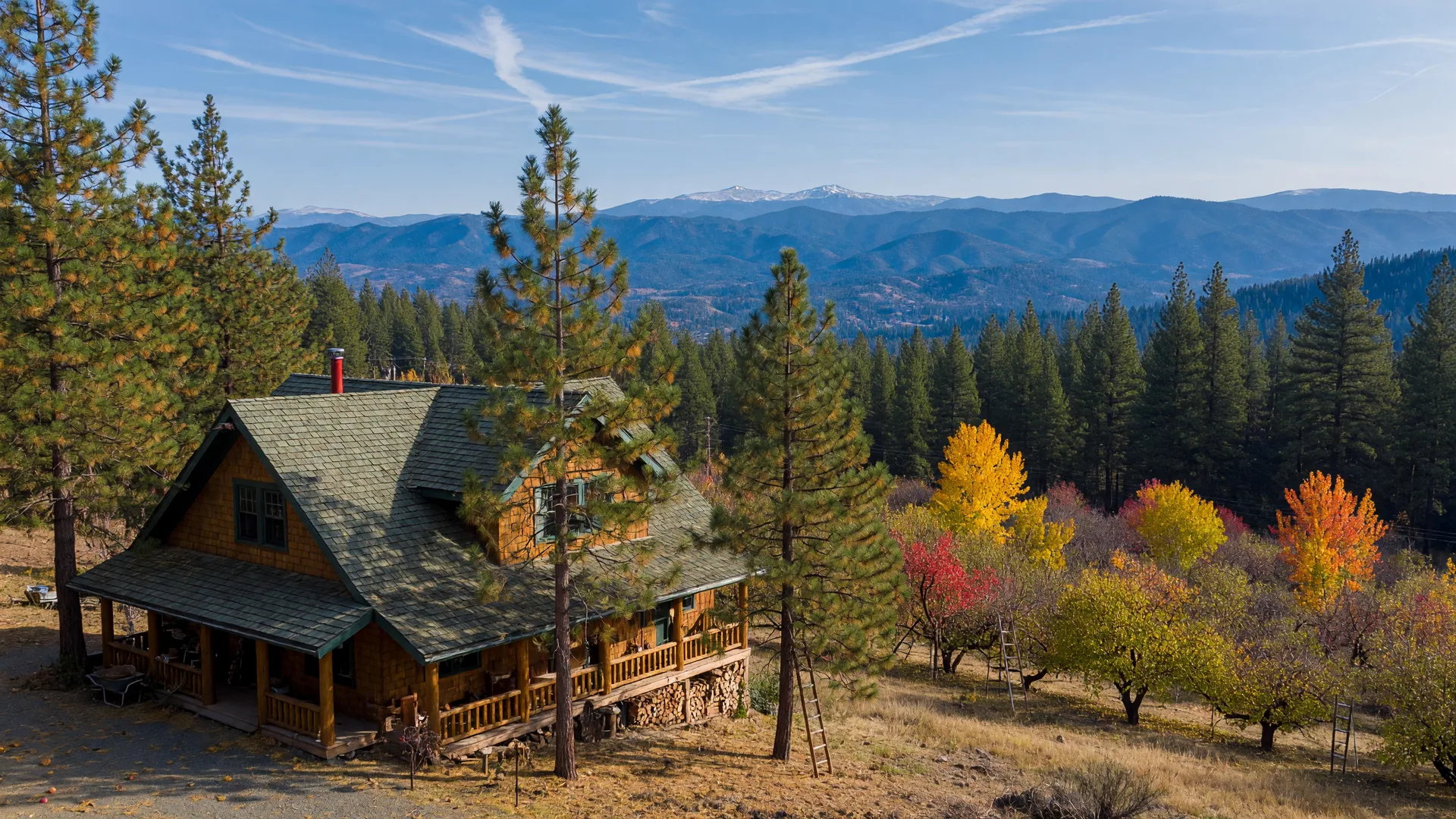 A timber mountain home among pines with ridgeline views near Camino, California