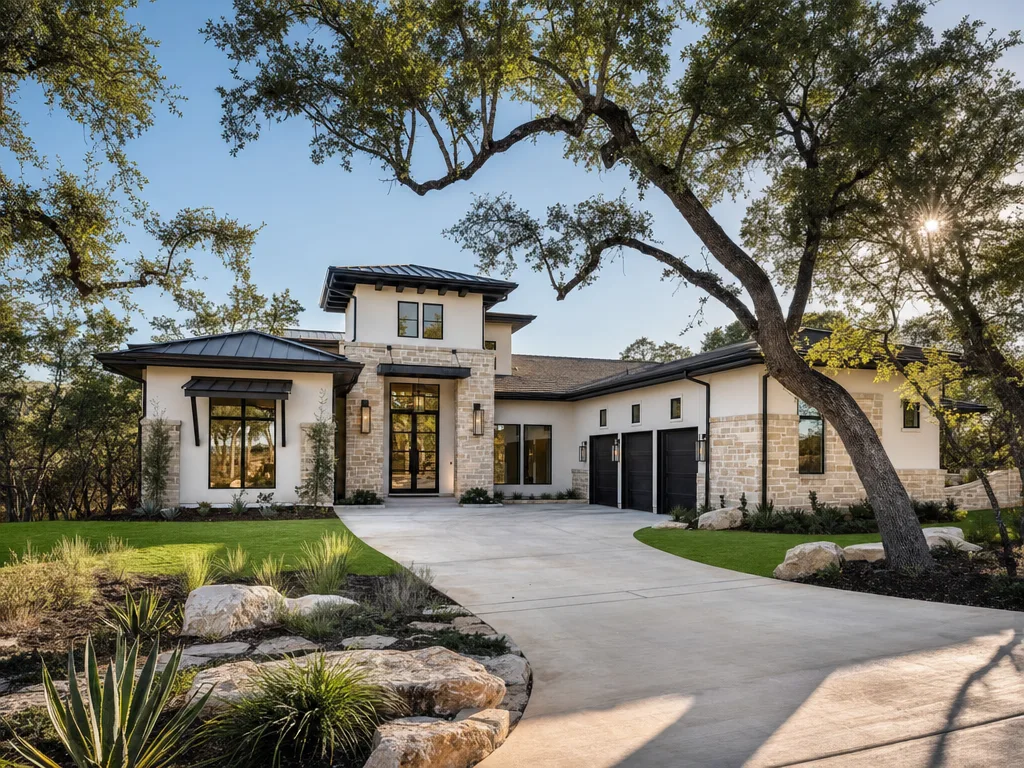 Custom luxury modern home with stone and stucco exterior and native landscaping. Illustrative image; not a photograph of Fair Oaks Ranch.