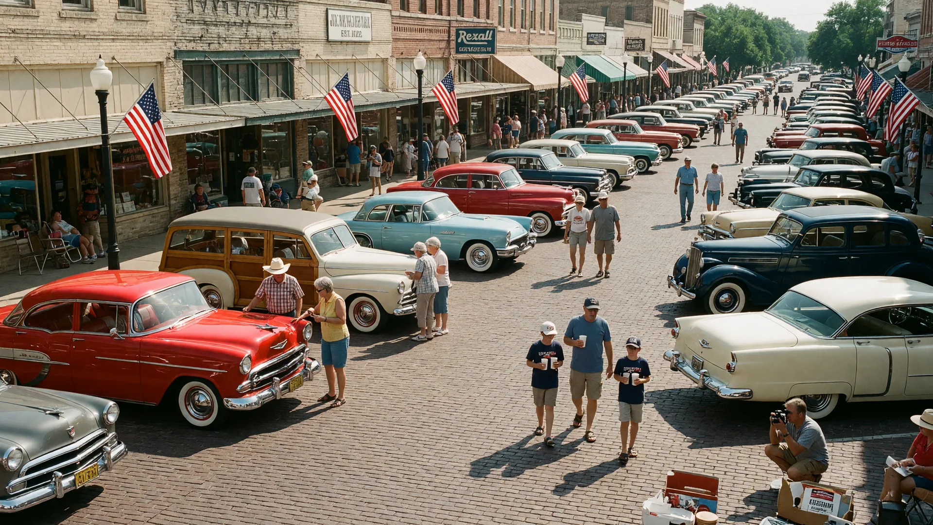 Rows of polished antique cars in red, blue, and cream lining both sides of a brick-paved downtown Texas main street with vintage storefronts and American flags under warm morning sun