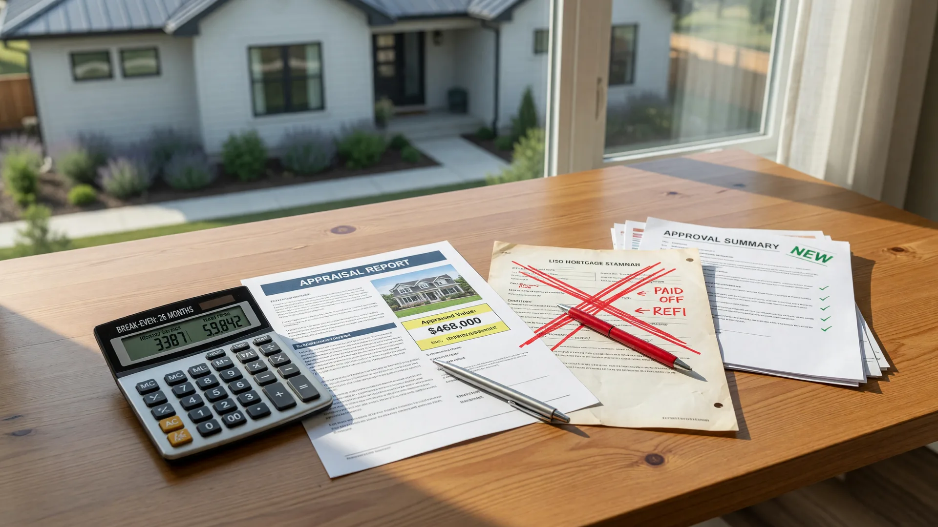 Refinancing analysis scene with calculator, appraisal report, and crossed-out mortgage documents on a desk