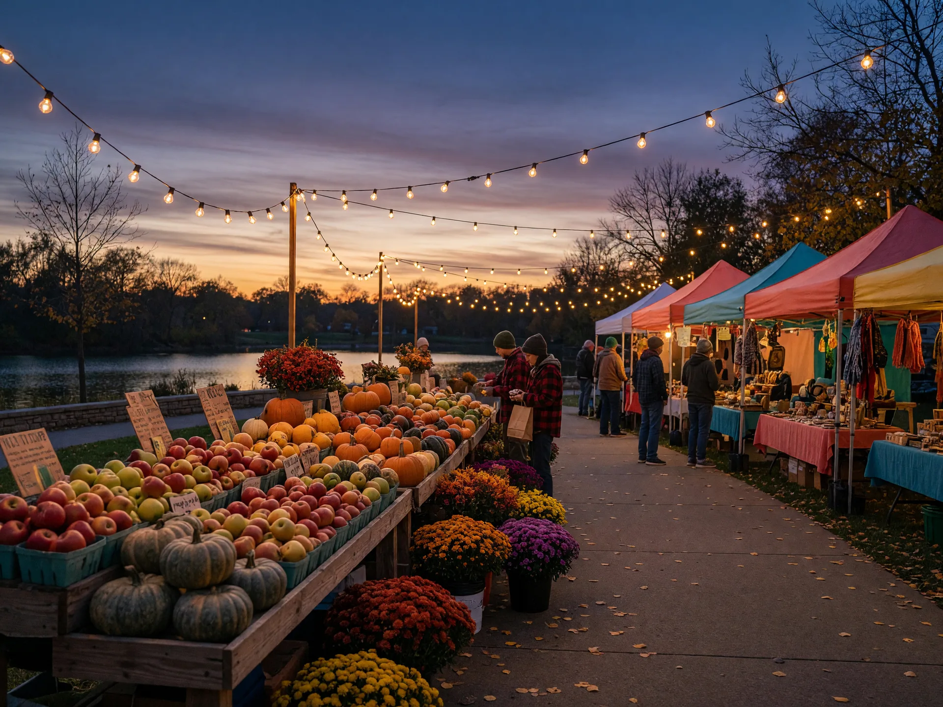 An autumn market with vendor stalls and string lights in a lakefront Ohio town