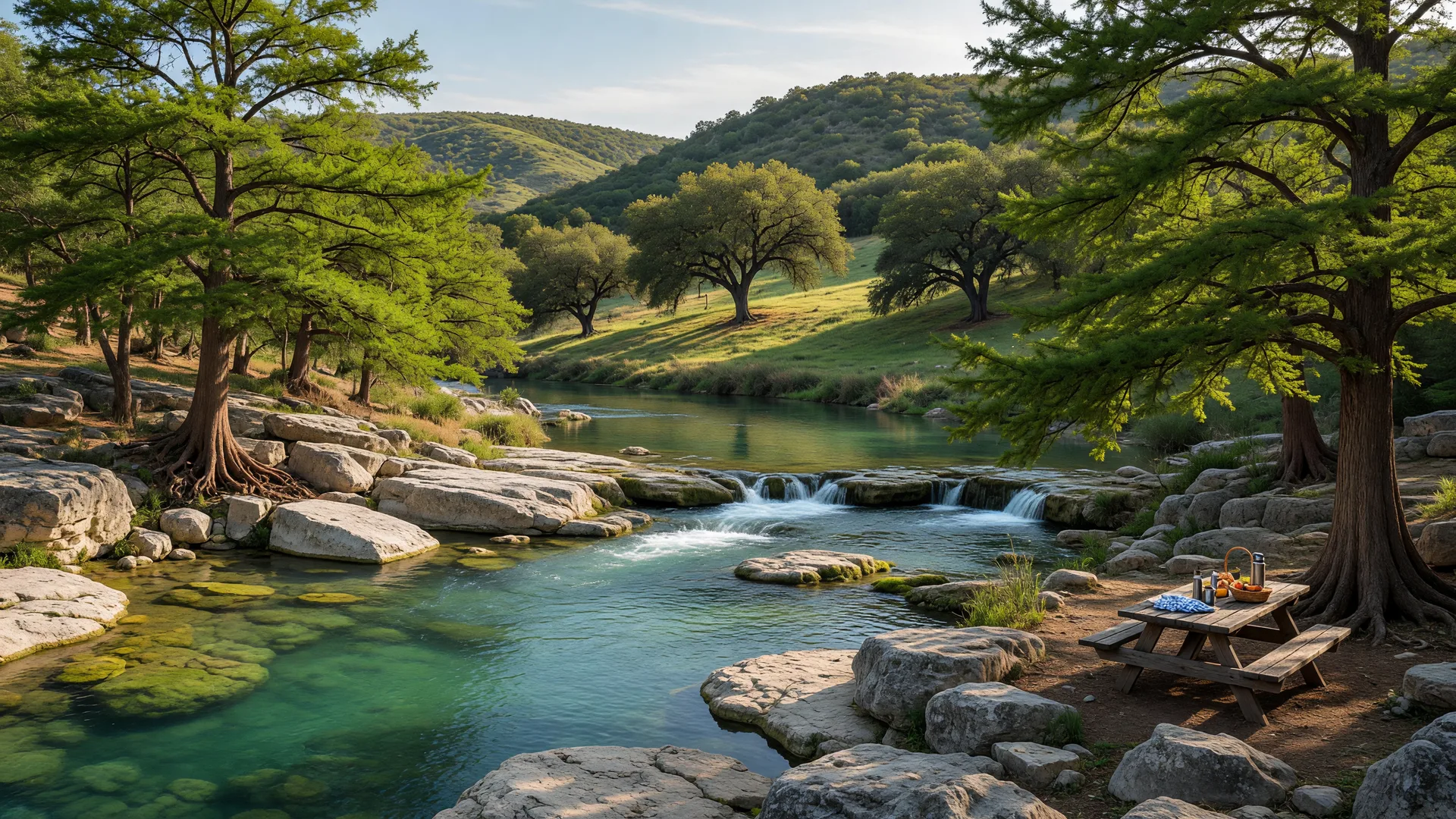 Guadalupe River near Spring Branch — crystal-clear water over limestone rocks, cypress-lined banks, picnic spot, and rolling green Hill Country hills in golden afternoon light