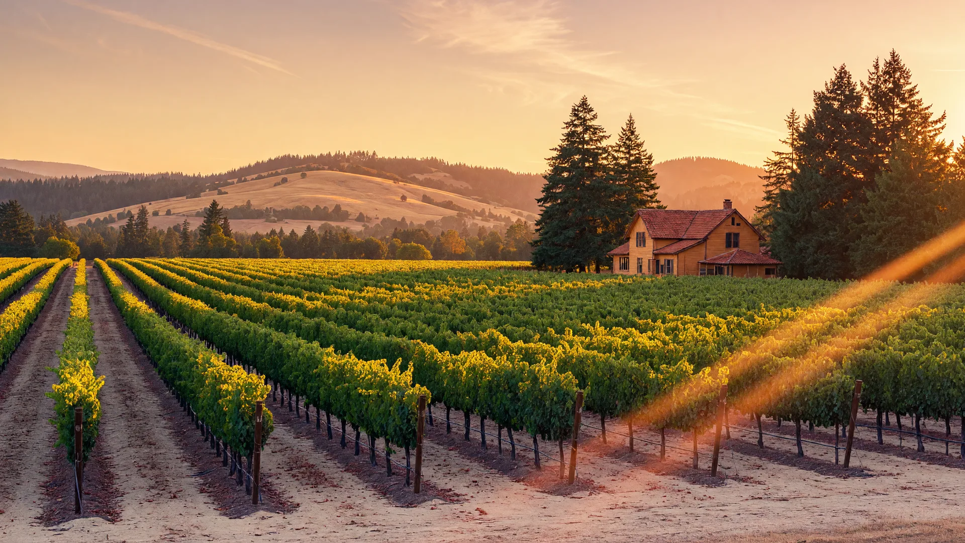Golden-hour vineyard rows in Oregon's Willamette Valley below a honey-colored farmhouse