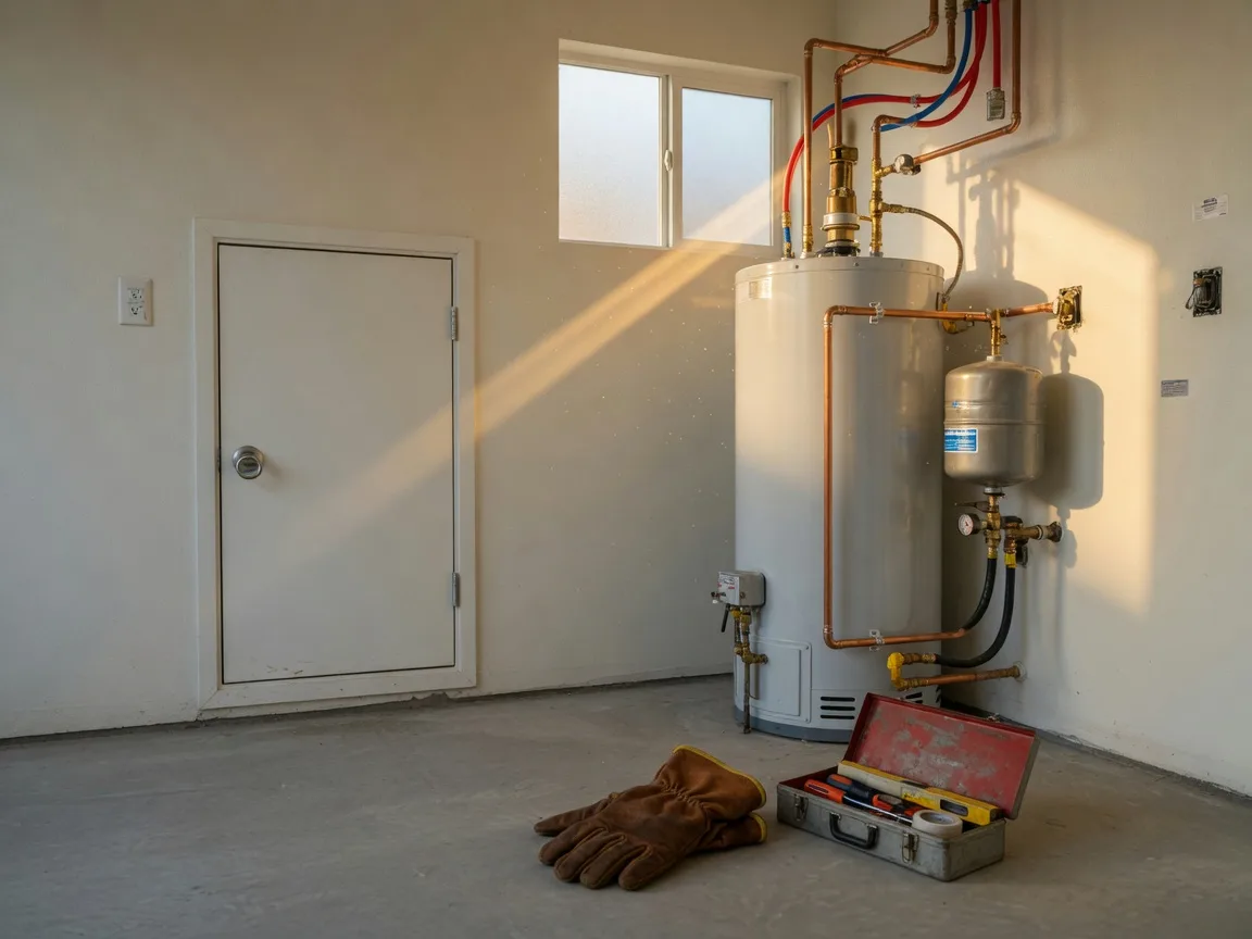 A clean residential utility room in a Central Valley home with a modern gas water heater and fresh copper supply lines, a crawl-space hatch, and a leather work glove and small toolbox on the concrete floor in warm October morning light