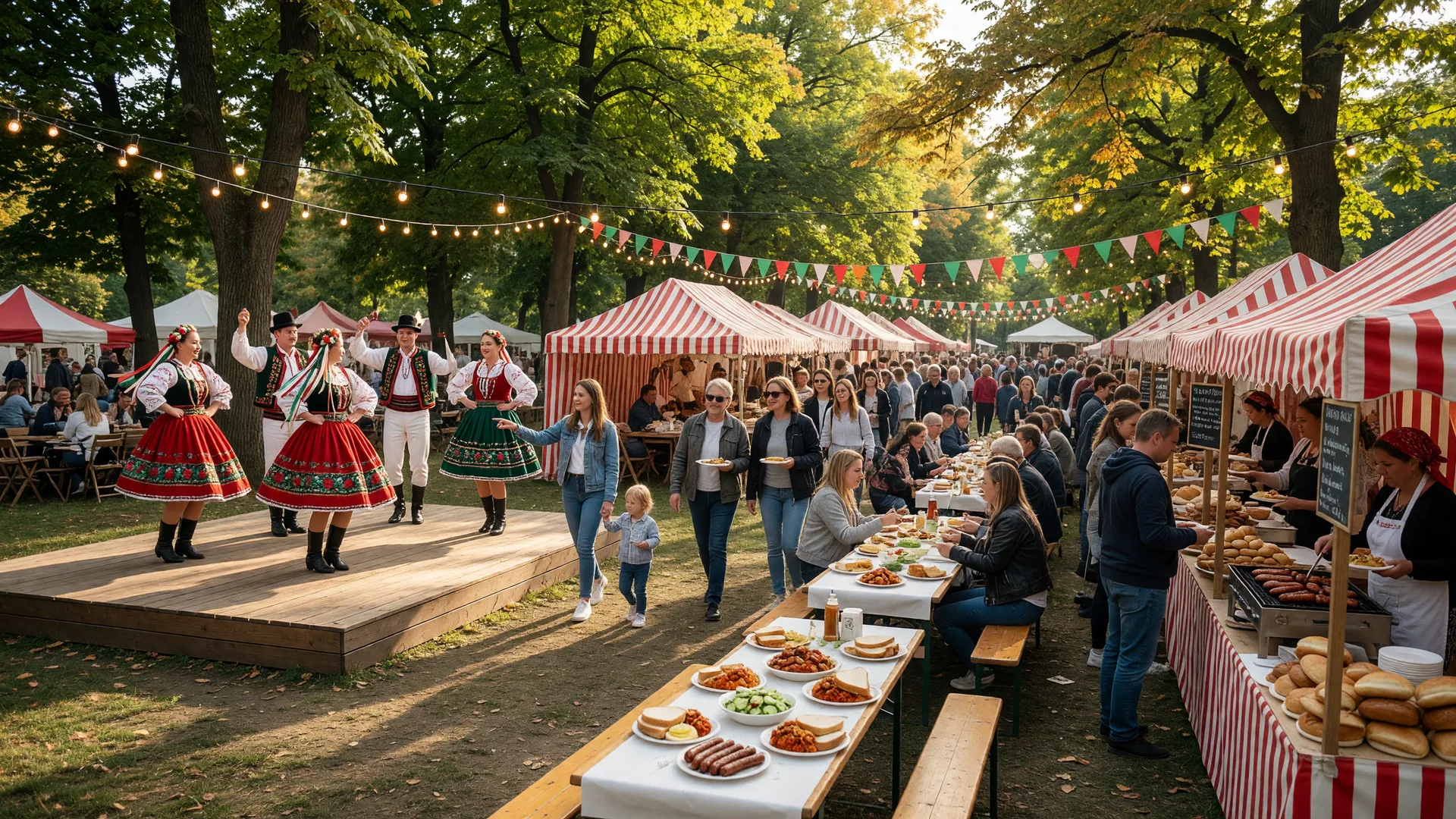 Vibrant Hungarian cultural festival in a park with folk dancers in embroidered red, white, and green costumes, food tents, communal tables, and string lights
