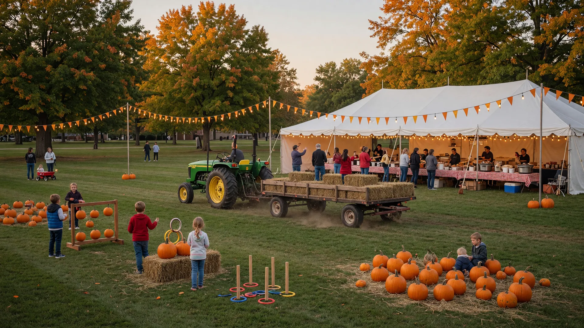A hayride crossing a park lawn with a food vendor tent and pumpkin patch in warm fall light