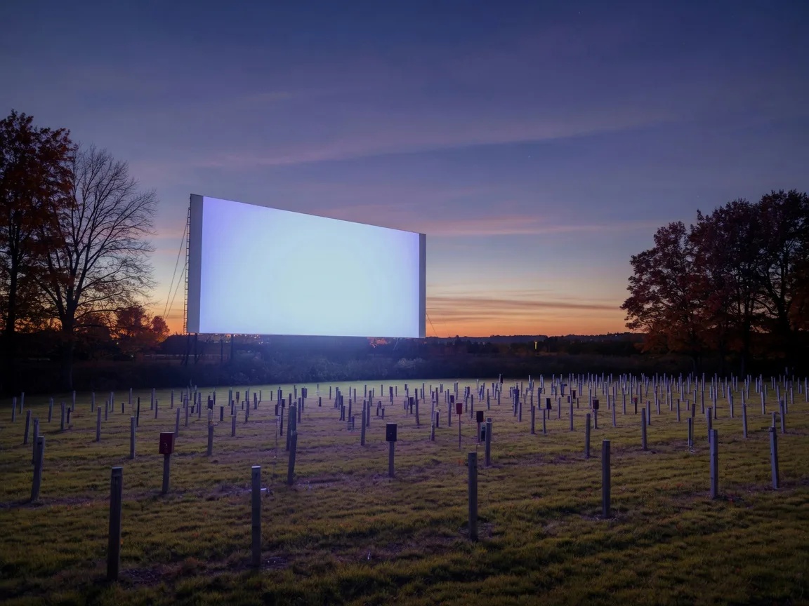 A drive-in movie theater screen glowing over a quiet field of speaker poles at dusk in Michigan
