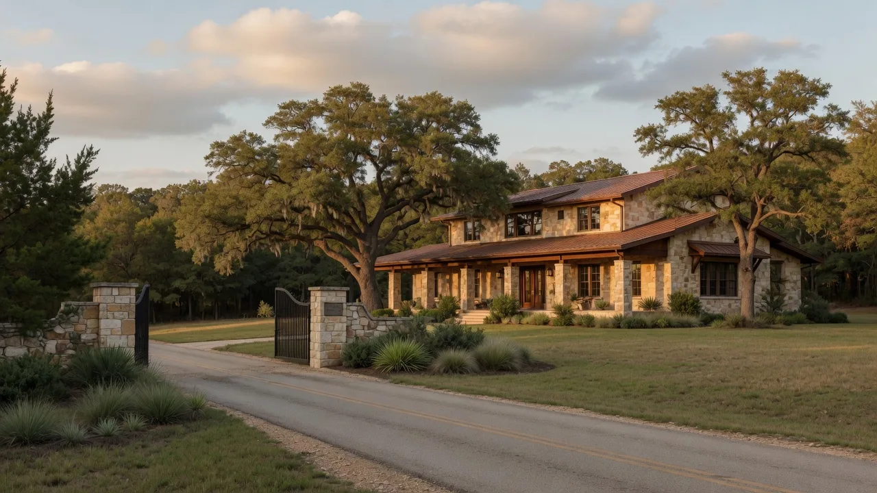 A custom Texas Hill Country limestone ranch home on a large wooded lot with a long porch