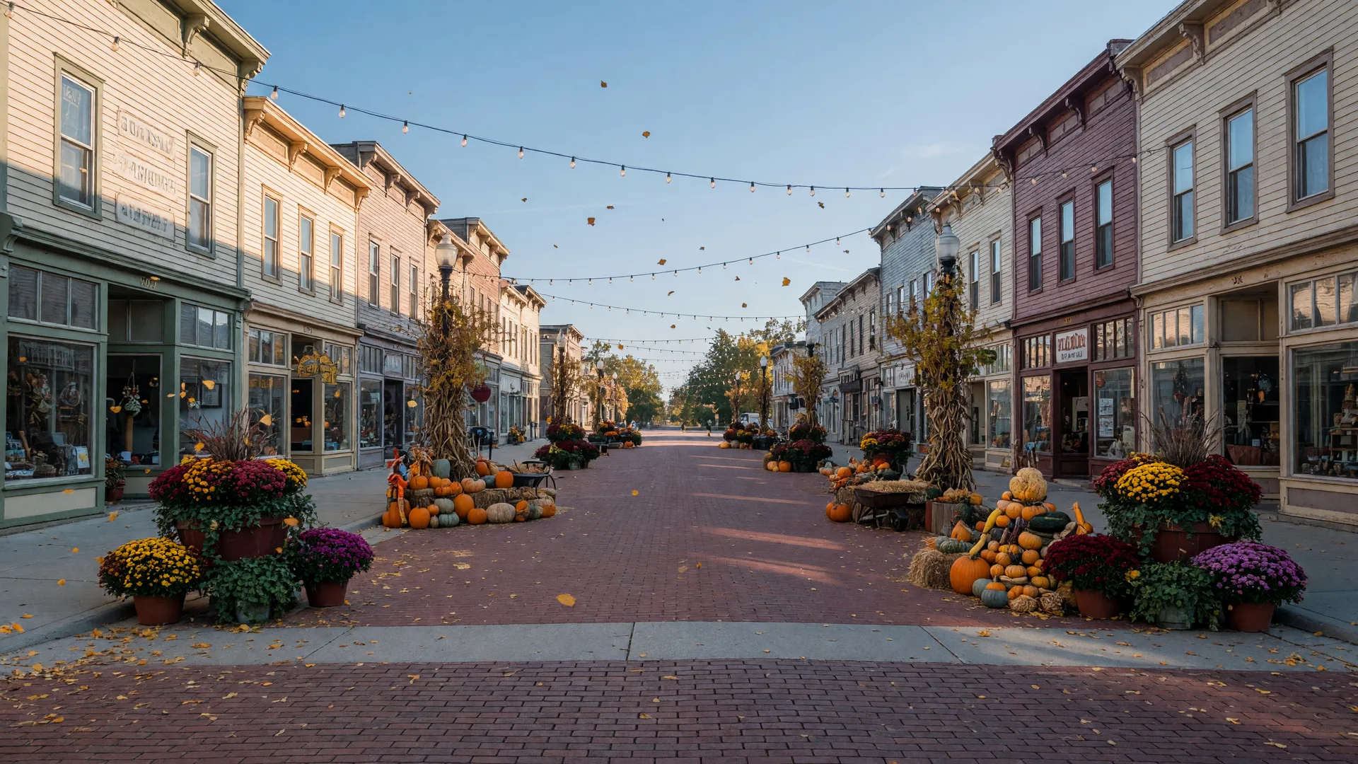 Small-town Minnesota main street dressed for a fall festival with pumpkins and autumn decor