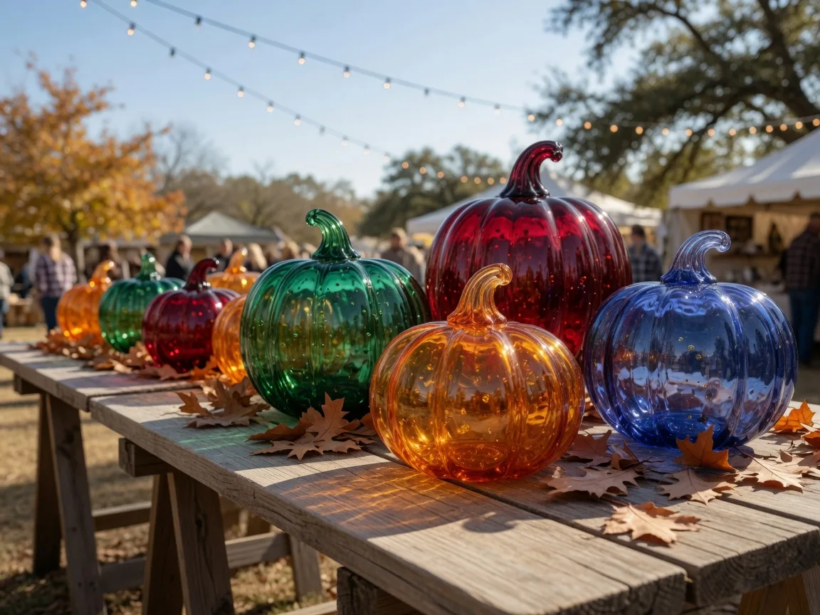 Jewel-toned hand-blown glass pumpkins on wooden market tables at the Wimberley Glassworks pumpkin patch