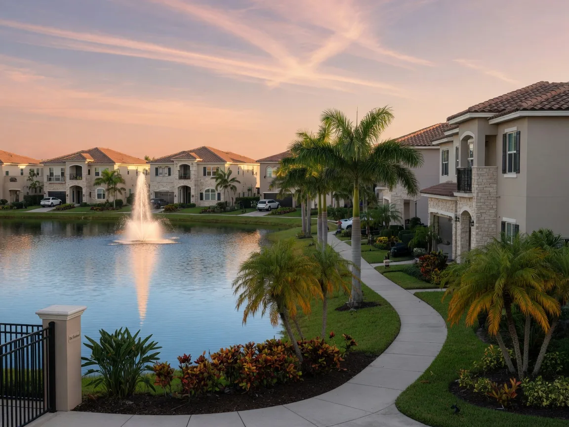 Newer gated community in Bonita Springs or Estero, Florida with modern stone-and-stucco homes along a calm lake at late afternoon