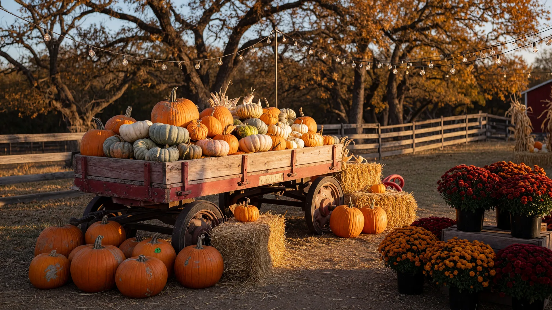 Golden-hour farm stand with a wagon of pumpkins and bales of hay, illustrative of fall farm season near Katy