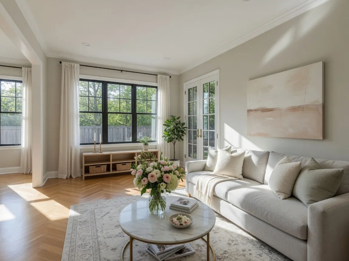 A beautifully staged living room in a Northern Virginia home with neutral tones, natural sunlight, and professional decor