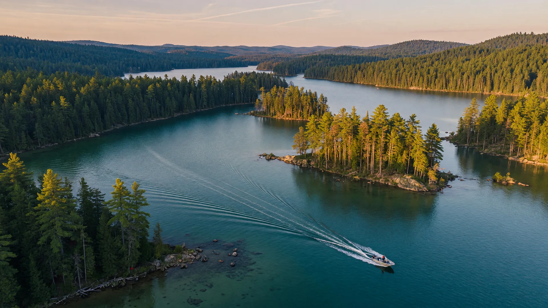 Aerial view of a forested lake country near Fifty Lakes