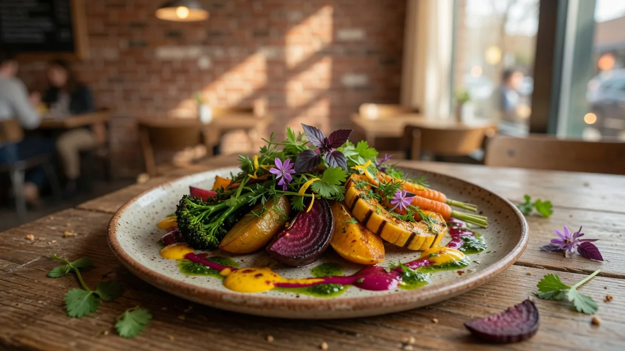 A colourful plant-based bowl with roasted vegetables and fresh herbs at Mathilda's in downtown Oshawa