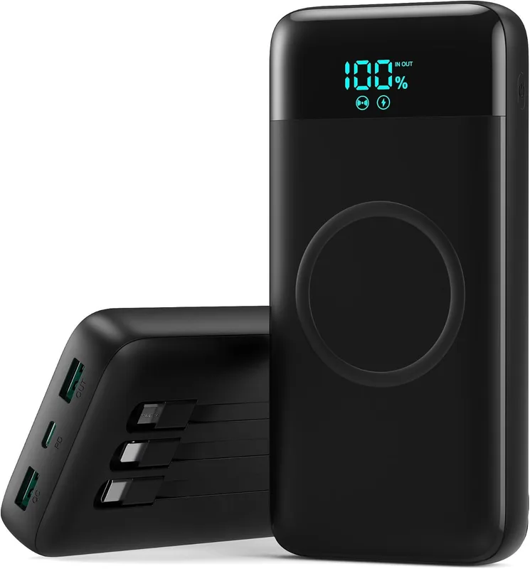 Batería portátil inalámbrica de 40800mAh con cables, fotografía de producto de una batería con cables de carga integrados