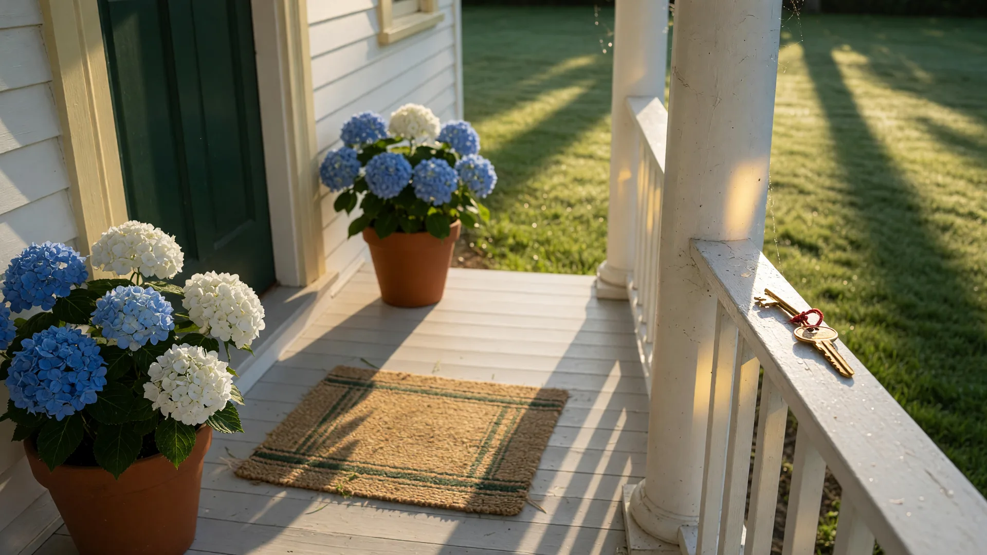 A classic home’s front porch in warm morning light with a brass key on the railing