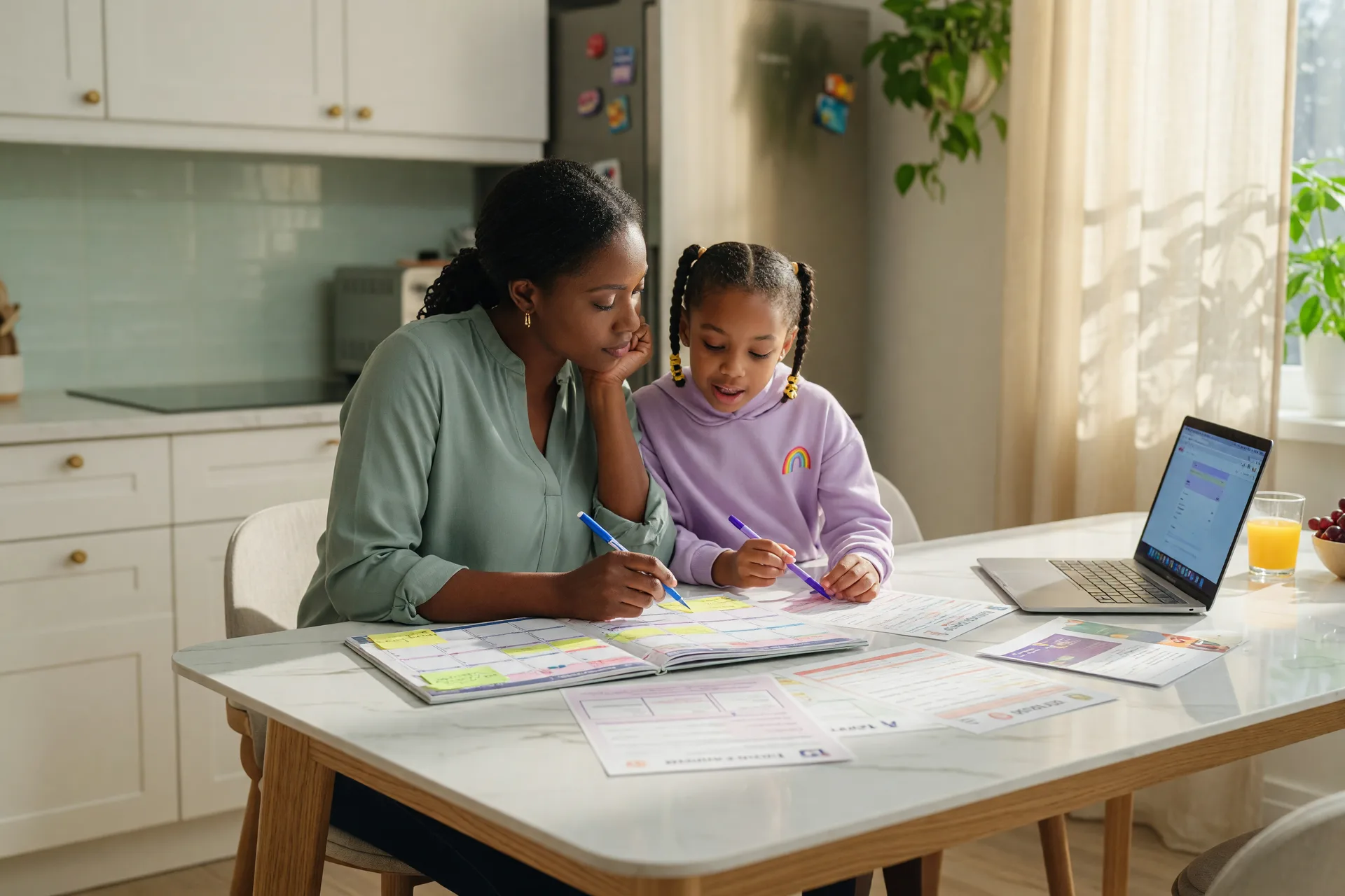 A parent and child reviewing school enrollment forms and calendar at a kitchen table