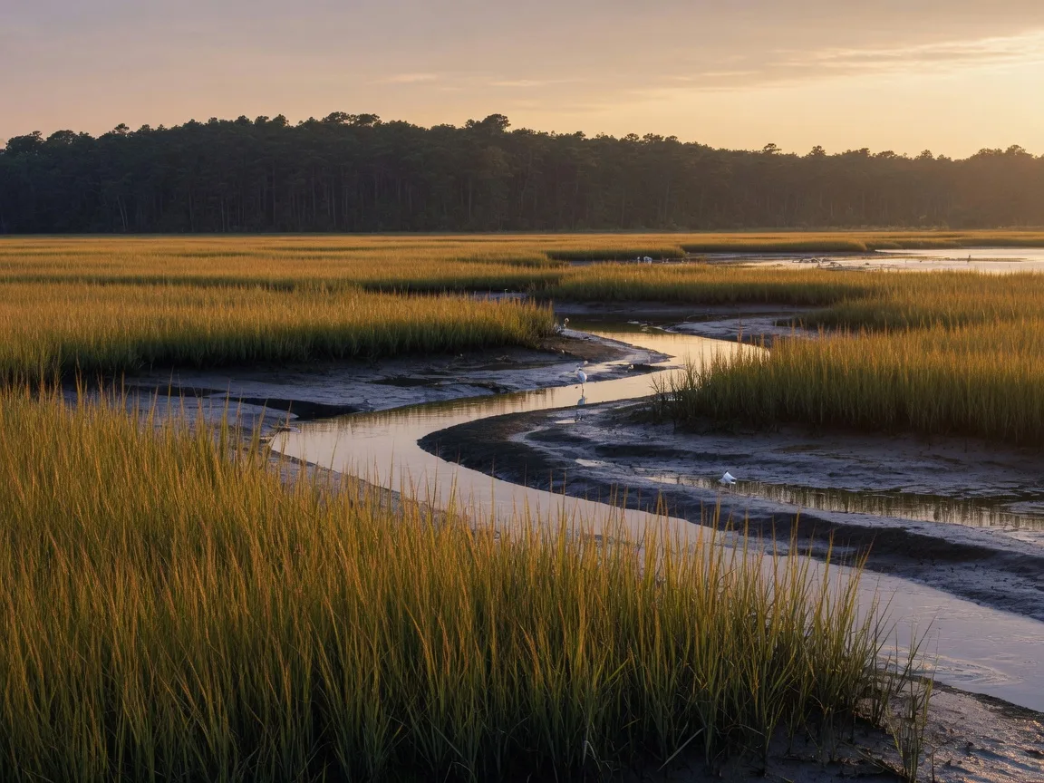 Golden salt marsh grasses and tidal creeks in a South Jersey back-bay landscape in late summer light