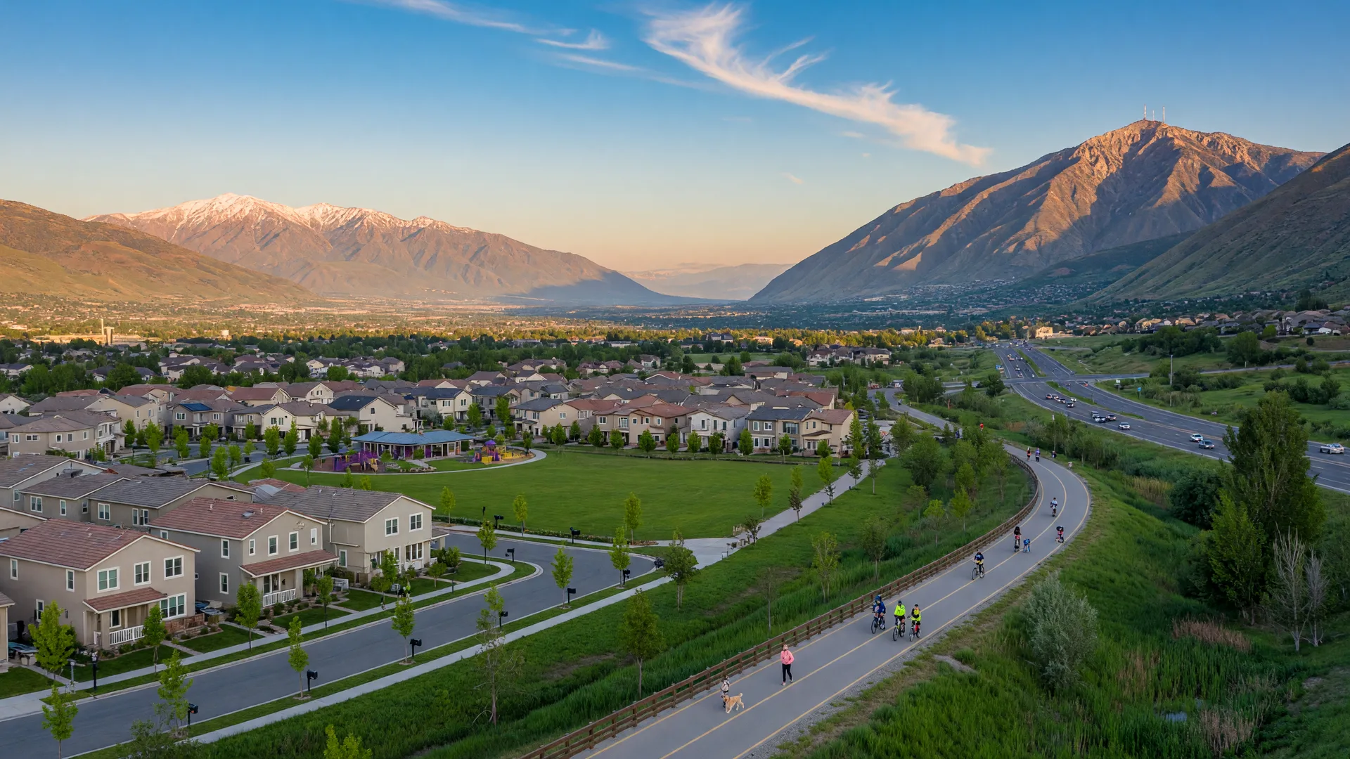 West Jordan, Utah's Mountain View Corridor area looking south across the Salt Lake Valley with suburban neighborhoods, Jordan River Parkway, and mountain backdrop