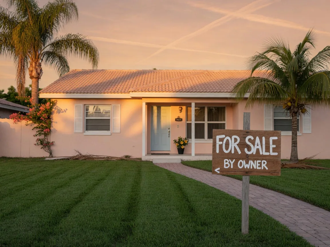 A tidy Florida home with a for-sale-by-owner sign in the front yard at golden hour