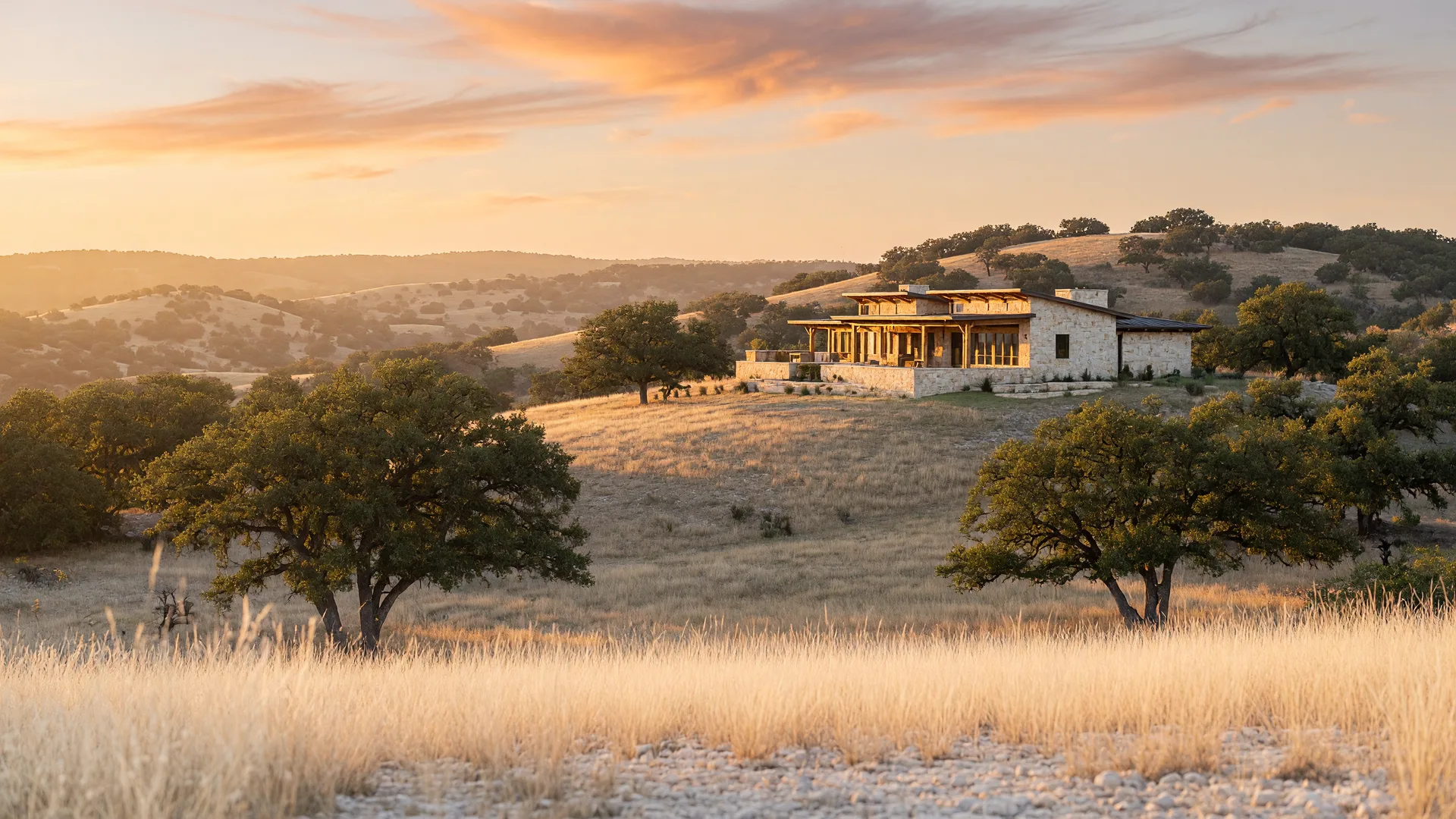 A golden-hour view of the Hill Country at Ranch at Latitude 31, with a custom stone and timber home on a distant oak-dotted ridgeline above rolling grassland