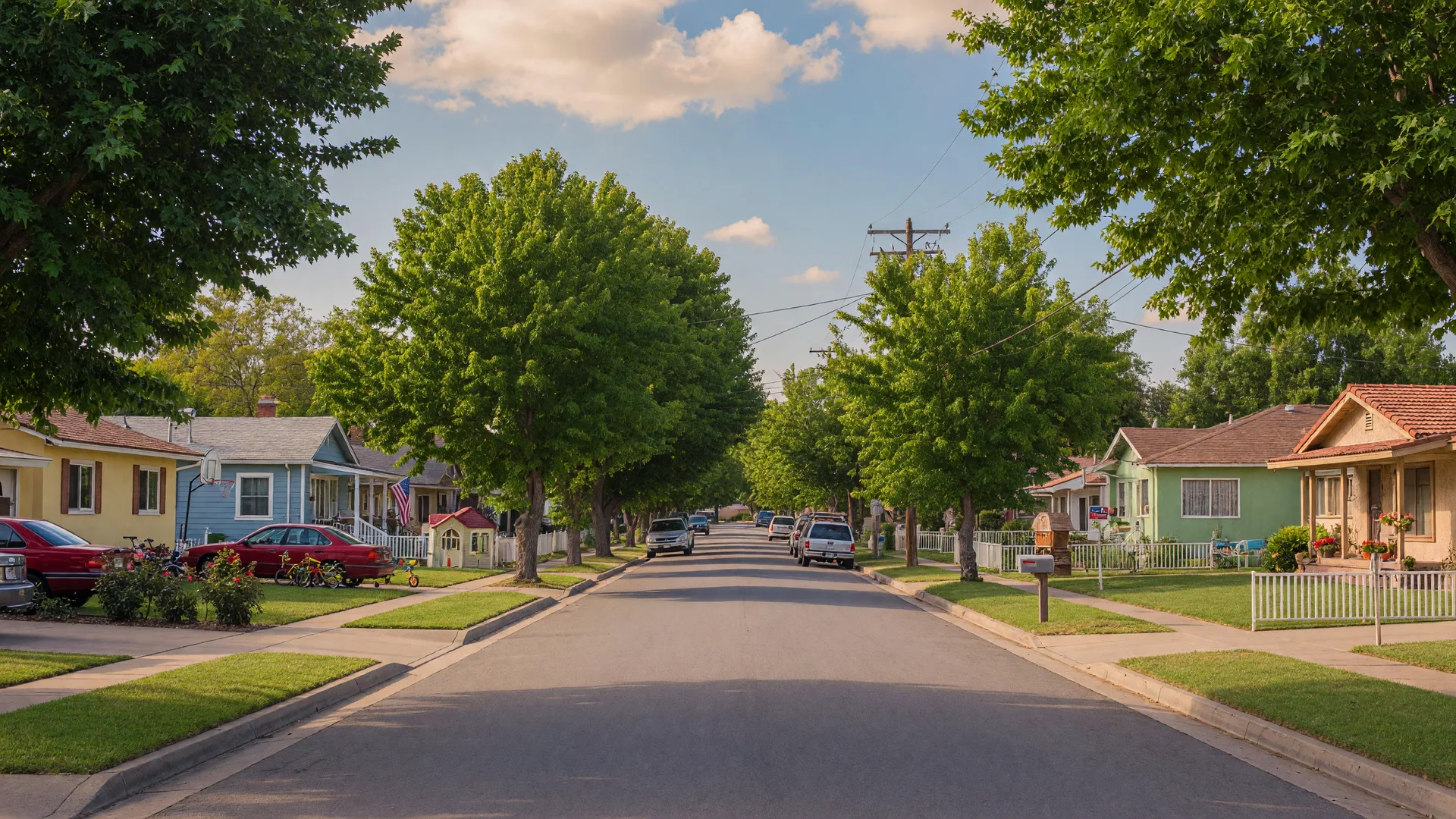 Tree-lined residential street in Yuba City with well-maintained single-family homes under a blue sky