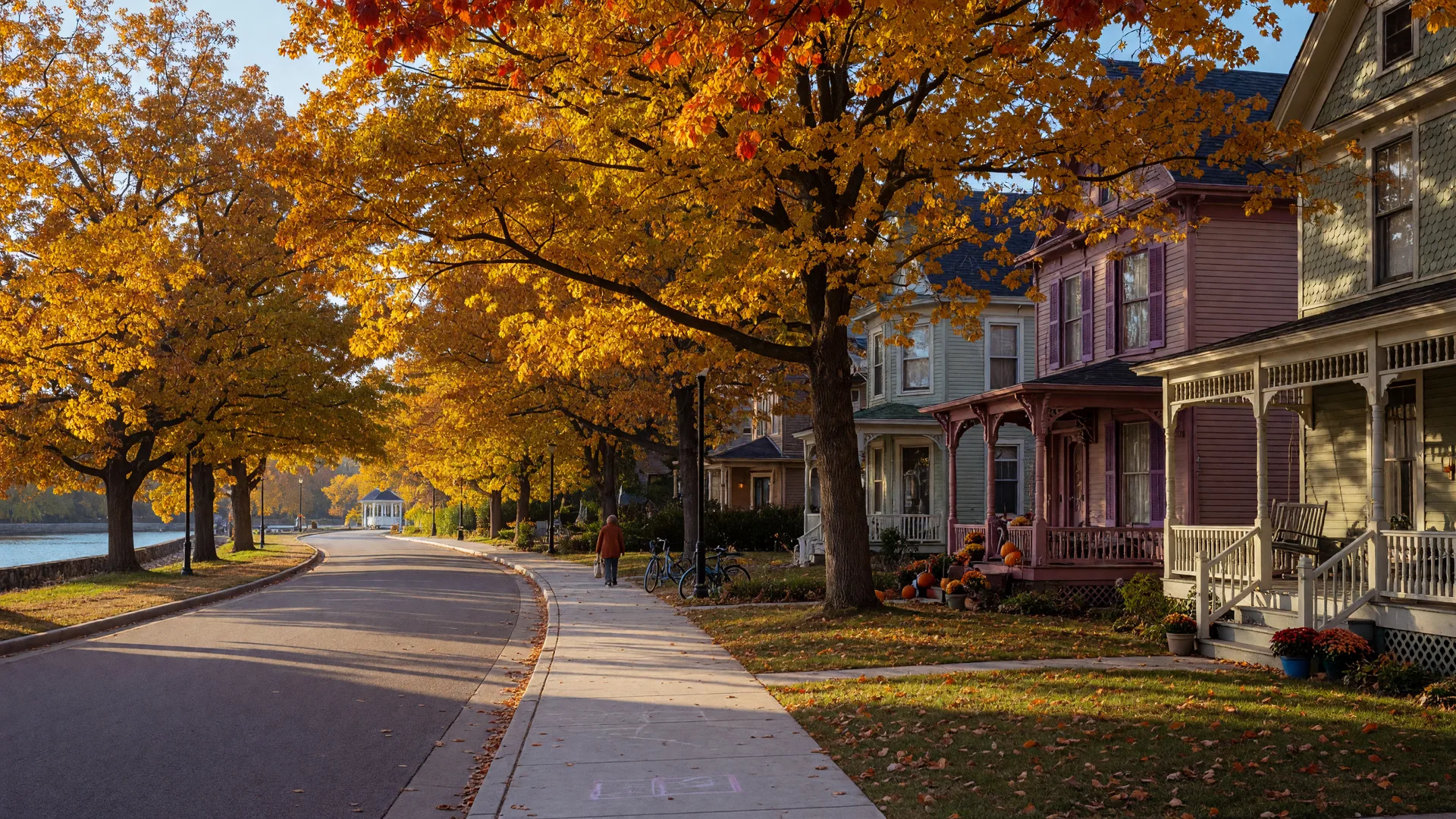 Tree-lined street in historic Riverton, NJ with Victorian homes and autumn foliage