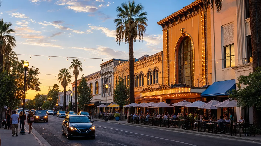 Downtown Merced Main Street at golden hour with historic buildings, string lights, outdoor dining, palm trees, and the Merced Theatre marquee