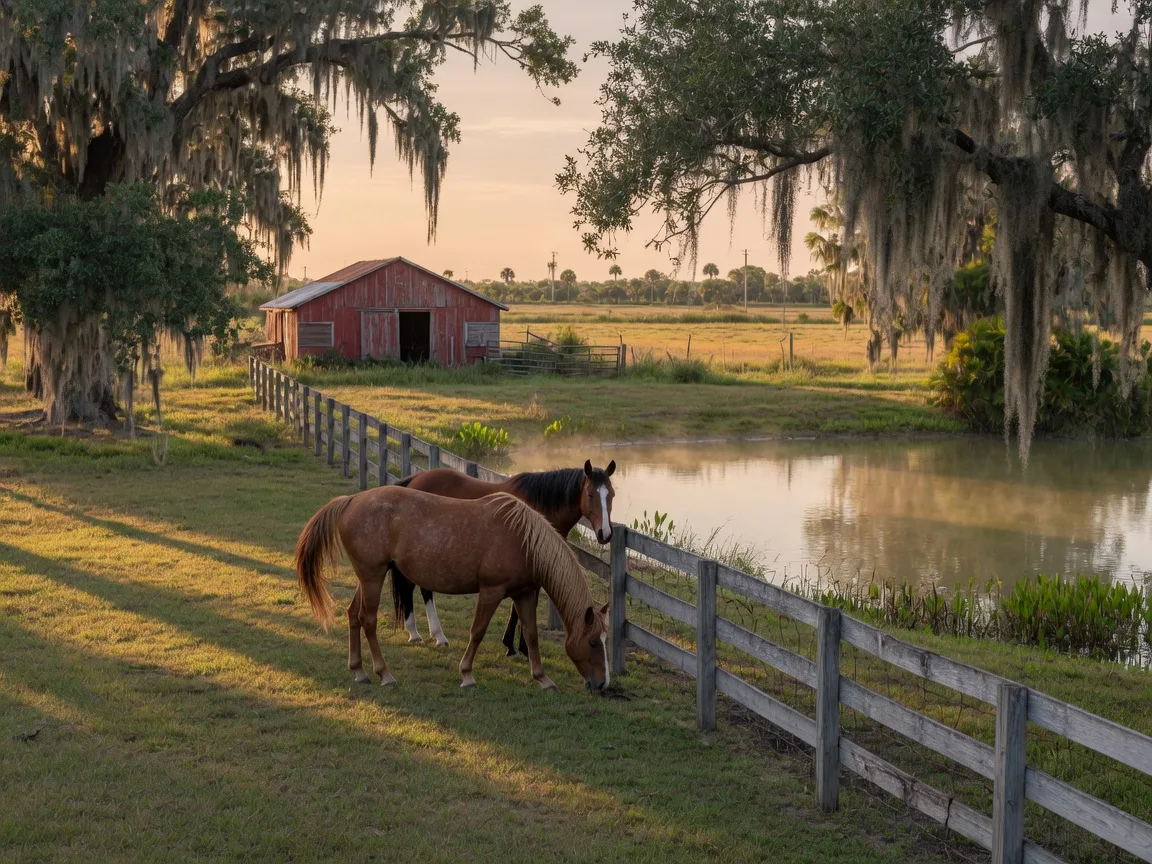 Two horses grazing beside a weathered fence and shallow pond in rural Manatee County, with live oaks draped in Spanish moss behind them