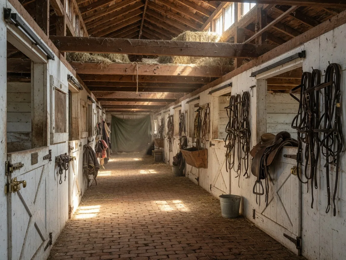 Beautifully preserved historic horse barn interior in Aiken with wide red-clay aisle, white-washed wooden stall doors, exposed timber beams, and natural light streaming through