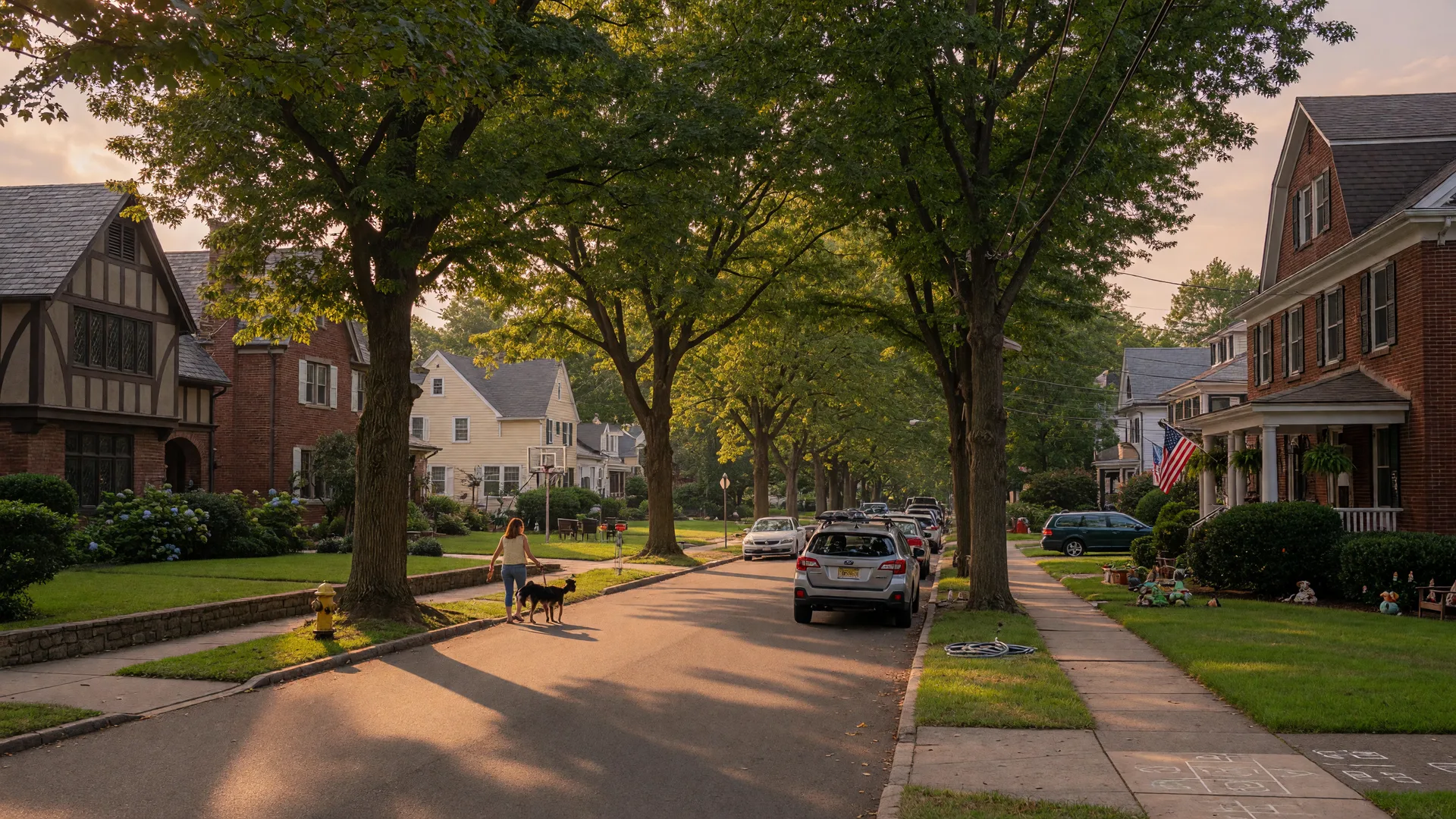 Tree-lined residential street in Maplewood or South Orange NJ with historic homes and golden-hour light