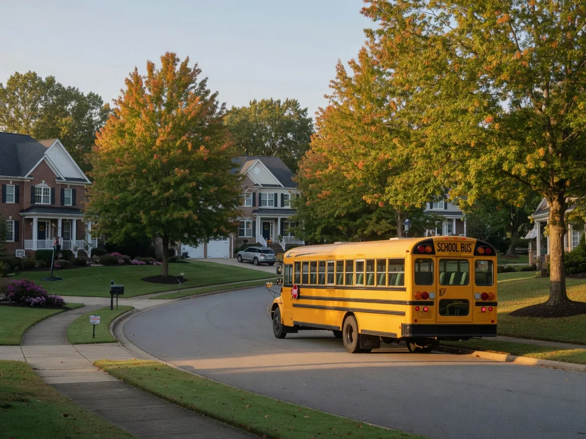 Morning school bus on a tree-lined residential street in a Lake Norman community with luxury homes and early hints of autumn color