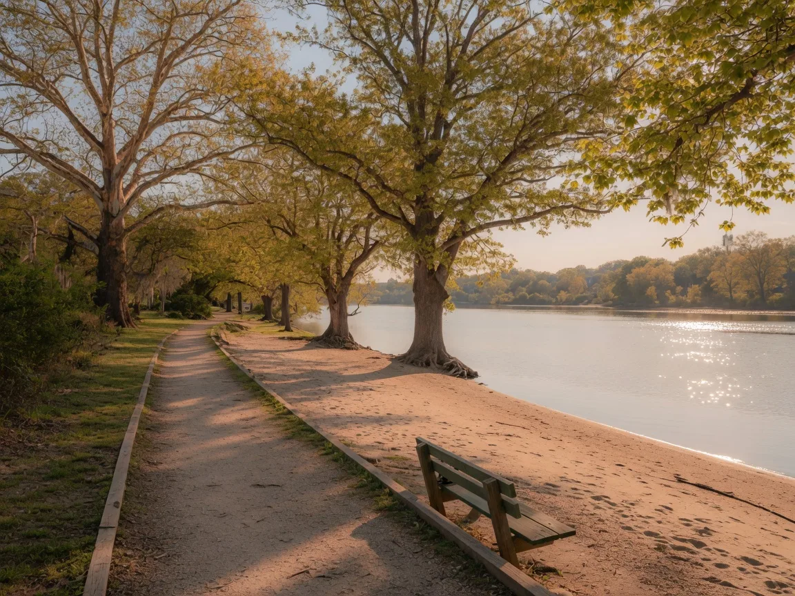A small riverfront park on the Rappahannock in Falmouth with a sandy beach and a walking trail along the water