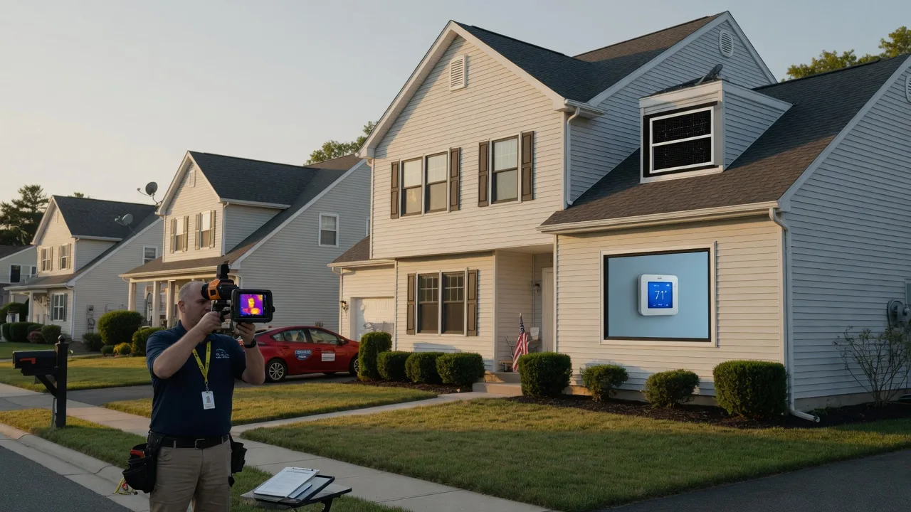 Modern energy-efficient home in South Jersey with an energy auditor using a thermal camera