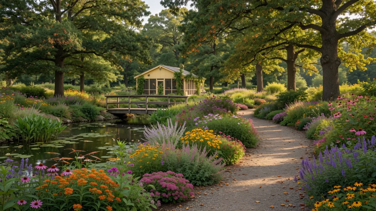 A winding garden path at Cox Arboretum MetroPark in Dayton with colorful perennial blooms, a wooden bridge over a koi pond, and mature oak trees