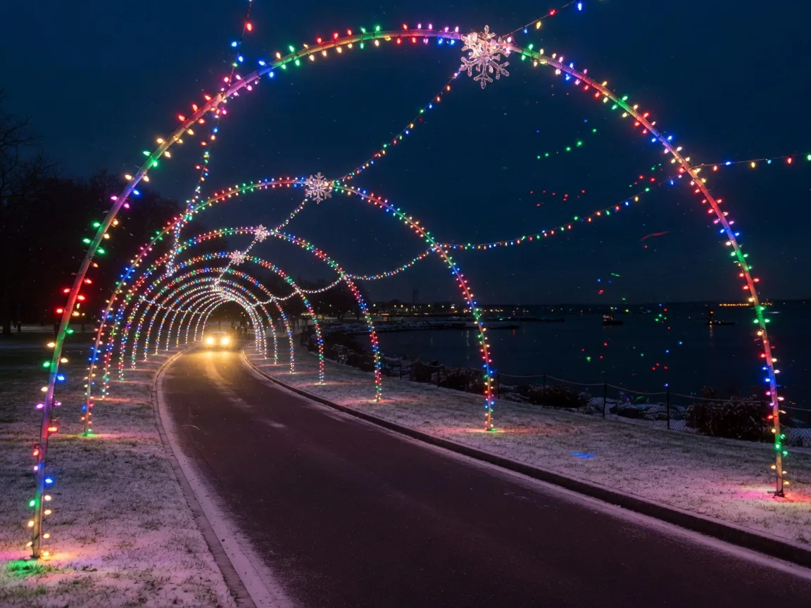 A drive-through holiday light display at a seaside park at night, with a tunnel of glowing colored arches over a snowy road