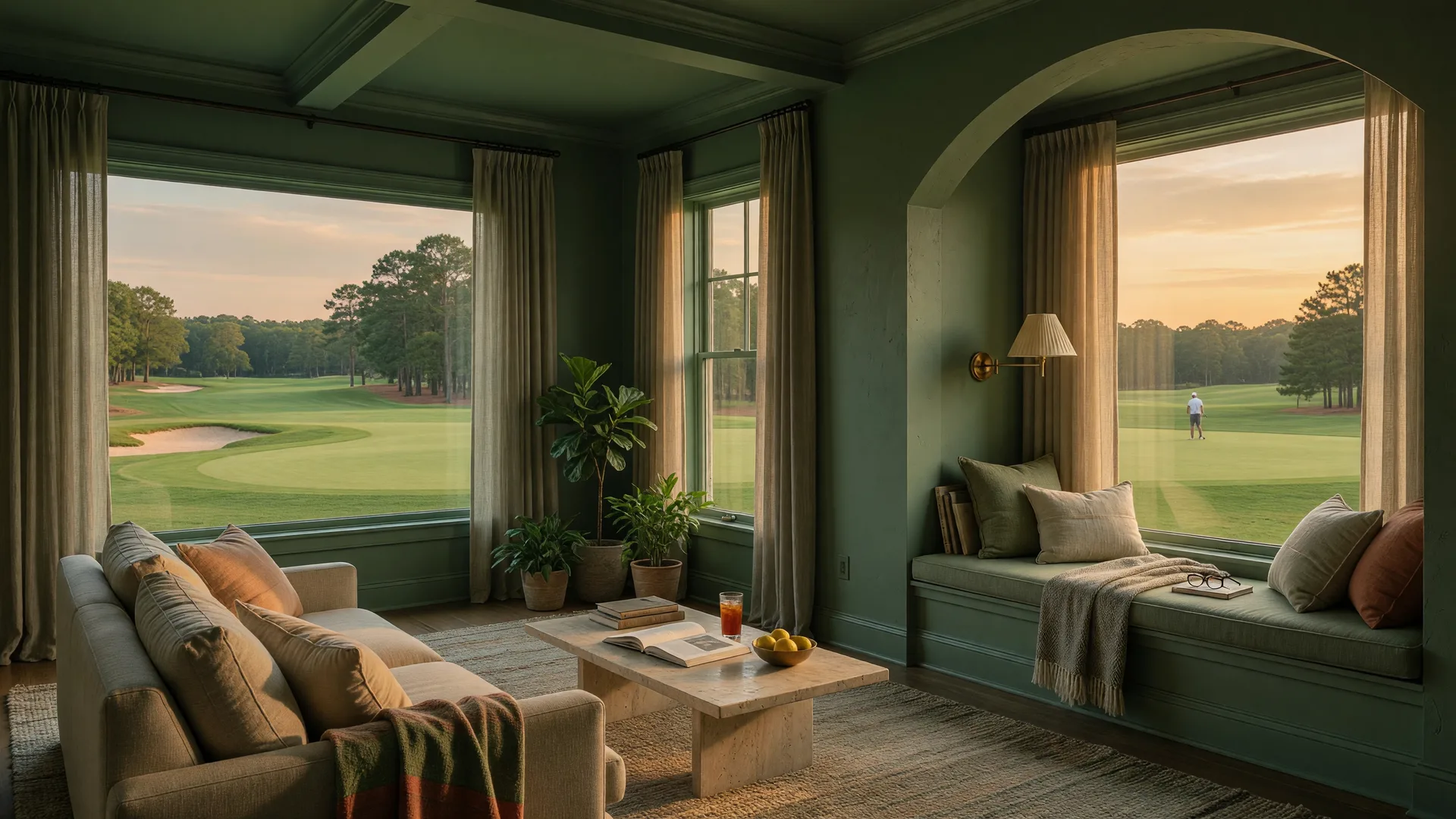 Moody sage-green color-drenched living room with an arched reading nook and golden-hour golf course views, one of the top 2026 home design trends buyers search for