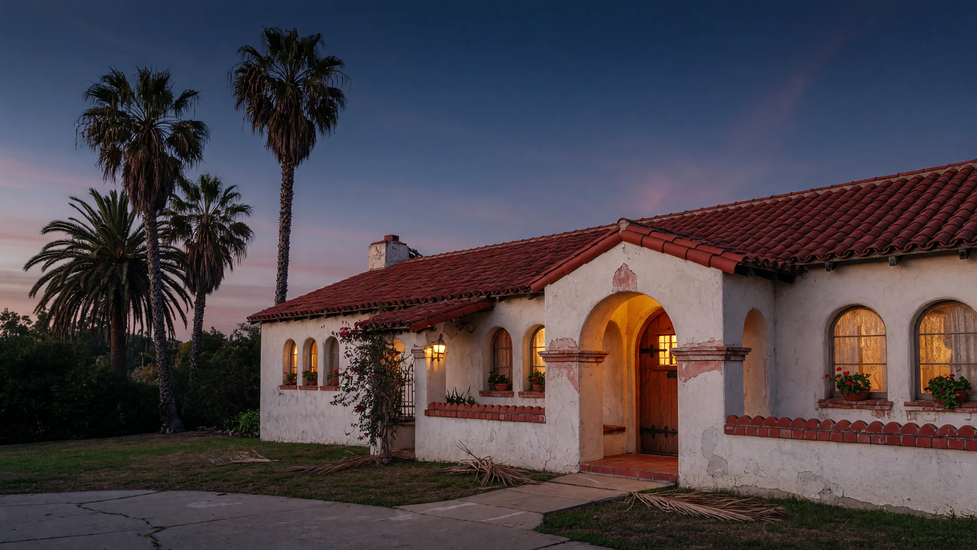 Spanish colonial revival home in Southern California at dusk, white stucco and red tile roof, full of character