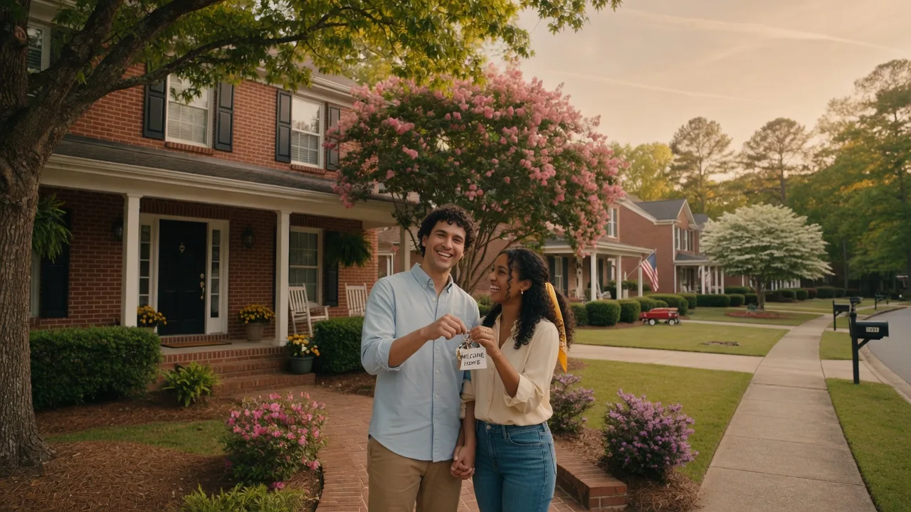 A young couple holding keys on the front porch of a traditional brick home in a Northeast Georgia suburban neighborhood