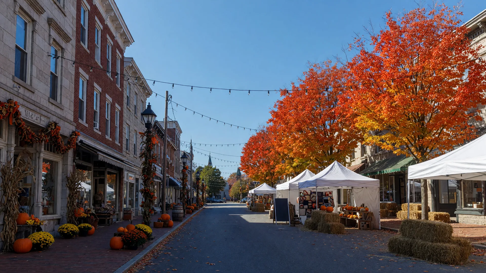 Historic Main Street in Bethlehem decorated for its October Harvest Fest, with pumpkins, mums, craft tents, string lights, and autumn maples in full color