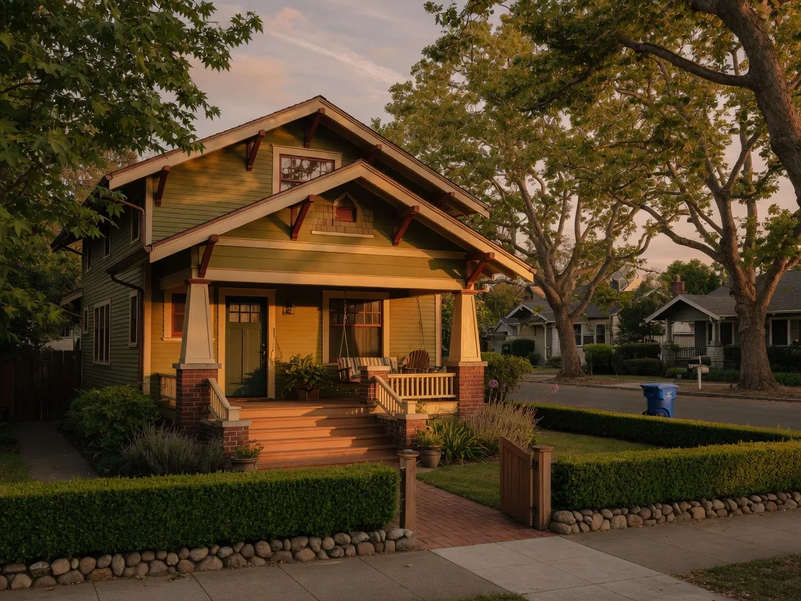 A craftsman home on a tree-lined North Bay street at golden hour