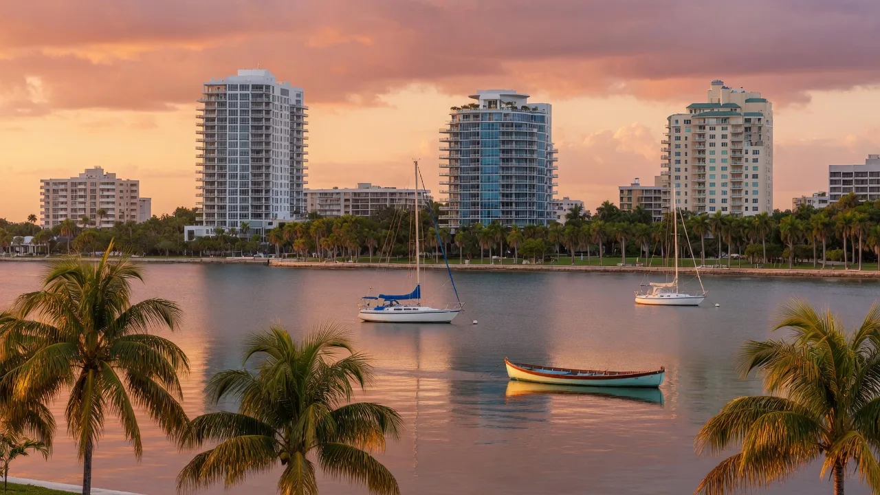 Downtown Sarasota waterfront on Sarasota Bay at golden hour, with sailboats, palm trees, and the modern skyline reflecting on calm water