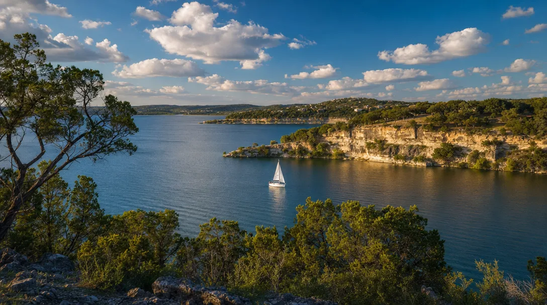 Aerial view of Canyon Lake in the Texas Hill Country with deep blue-green water, limestone bluffs, and scattered live oaks under golden-hour light